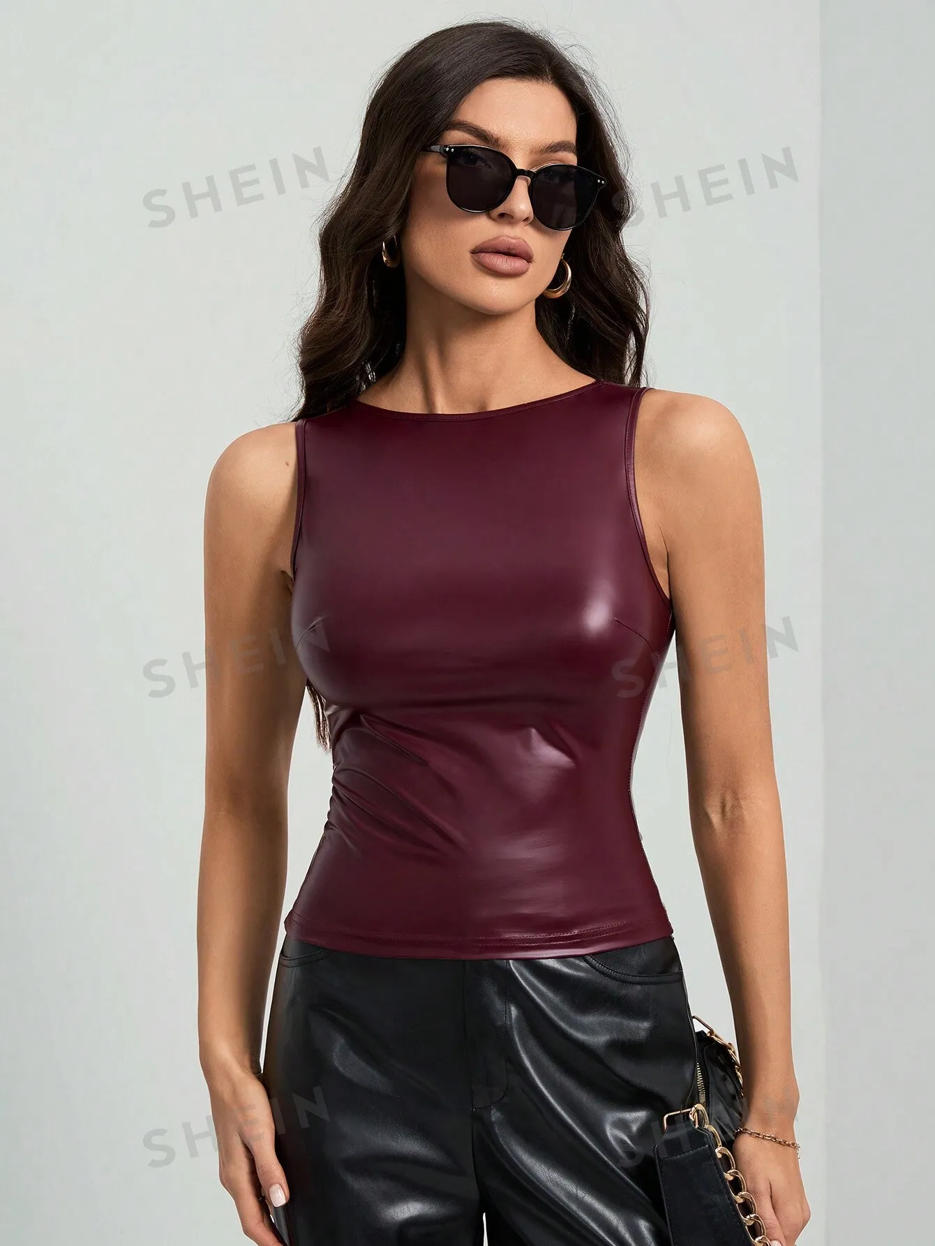 Tall Women's High Elastic PU Gathered Burgundy Vest, Tank Top