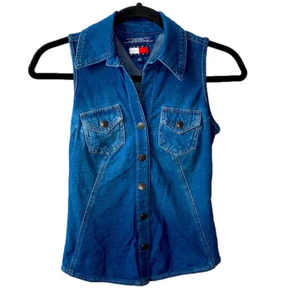 Tommy Jeans Button Up Collared Stretch Denim Vest Top