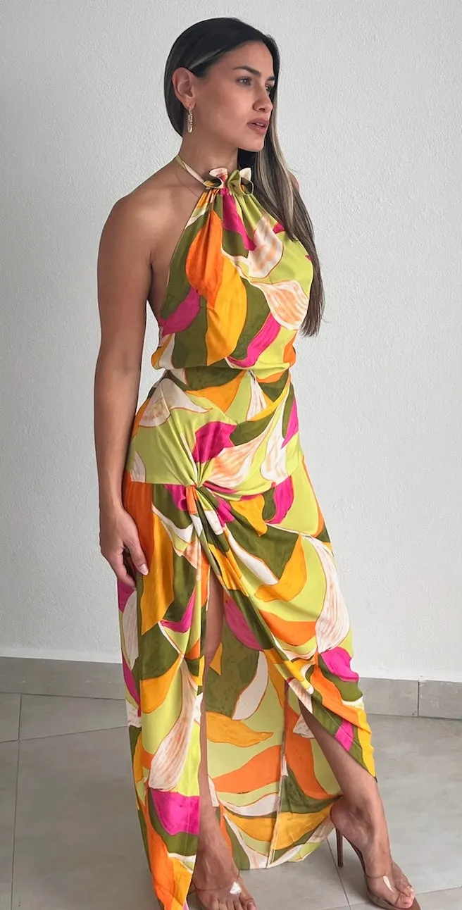 Tropical Essence Halter Print Maxi Dress