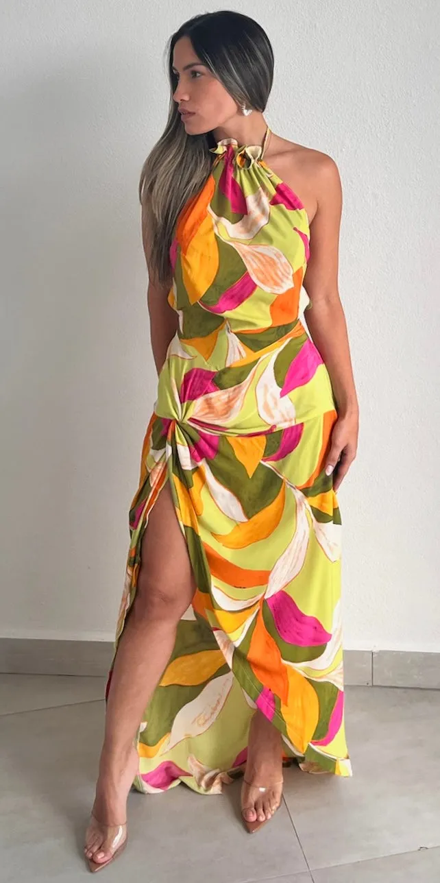 Tropical Essence Halter Print Maxi Dress