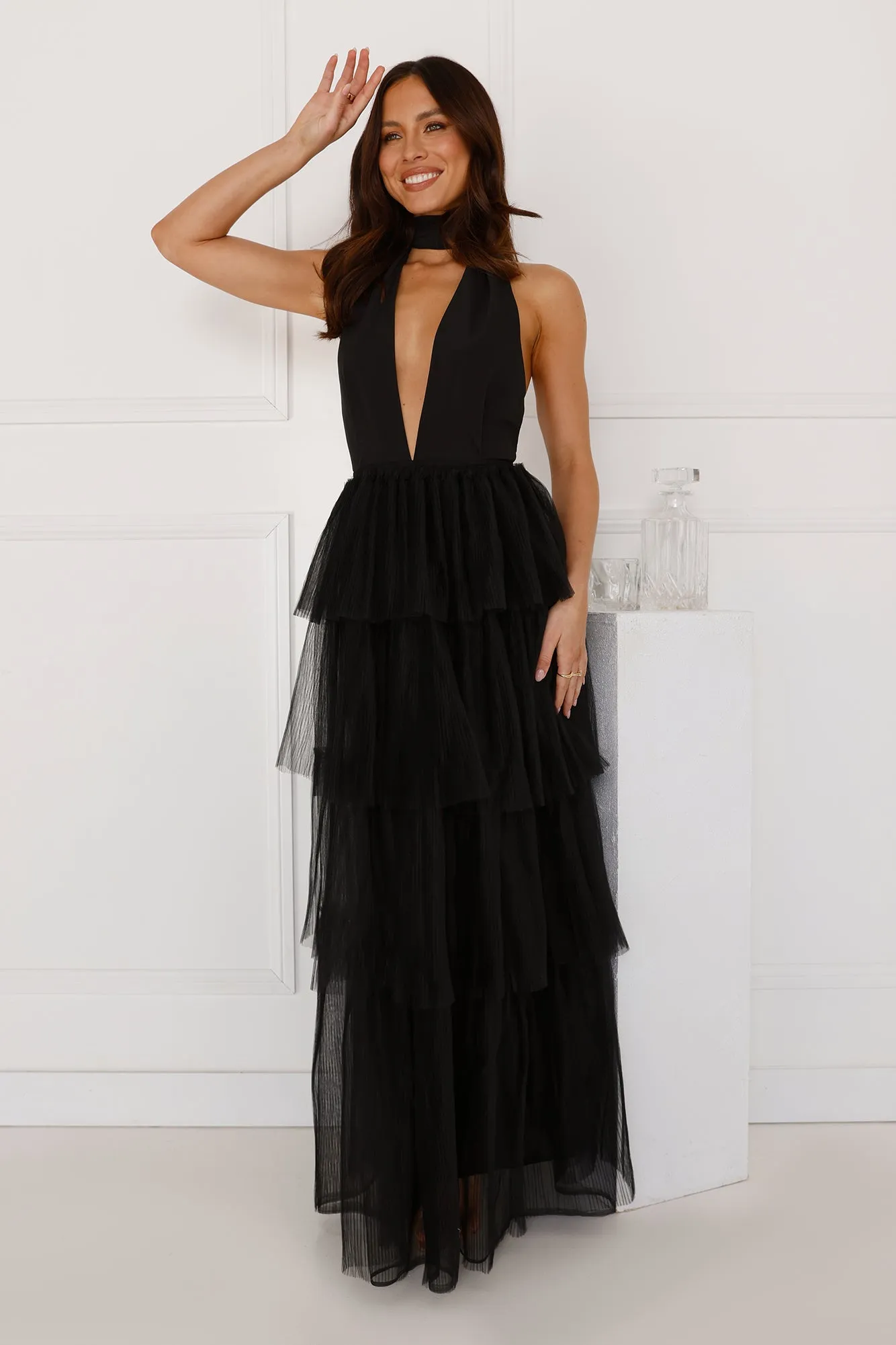 Unreal Beauty Halter Tulle Maxi Dress Black