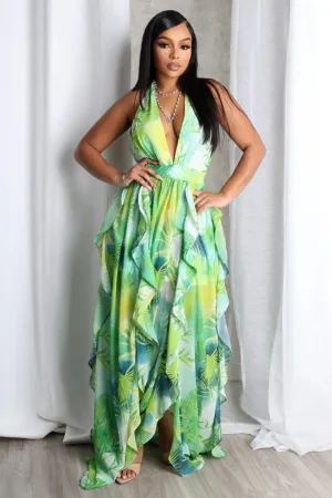 V Halter Backless Print Ruffle Beach Vacation Maxi Dresses-Green [Pre Order]