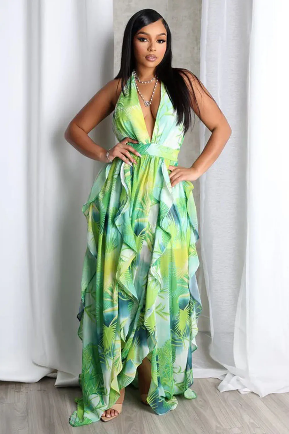 V Halter Backless Print Ruffle Beach Vacation Maxi Dresses-Green [Pre Order]