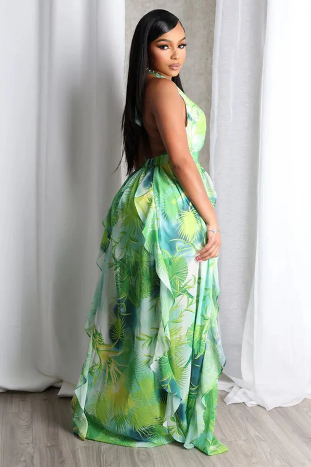 V Halter Backless Print Ruffle Beach Vacation Maxi Dresses-Green [Pre Order]