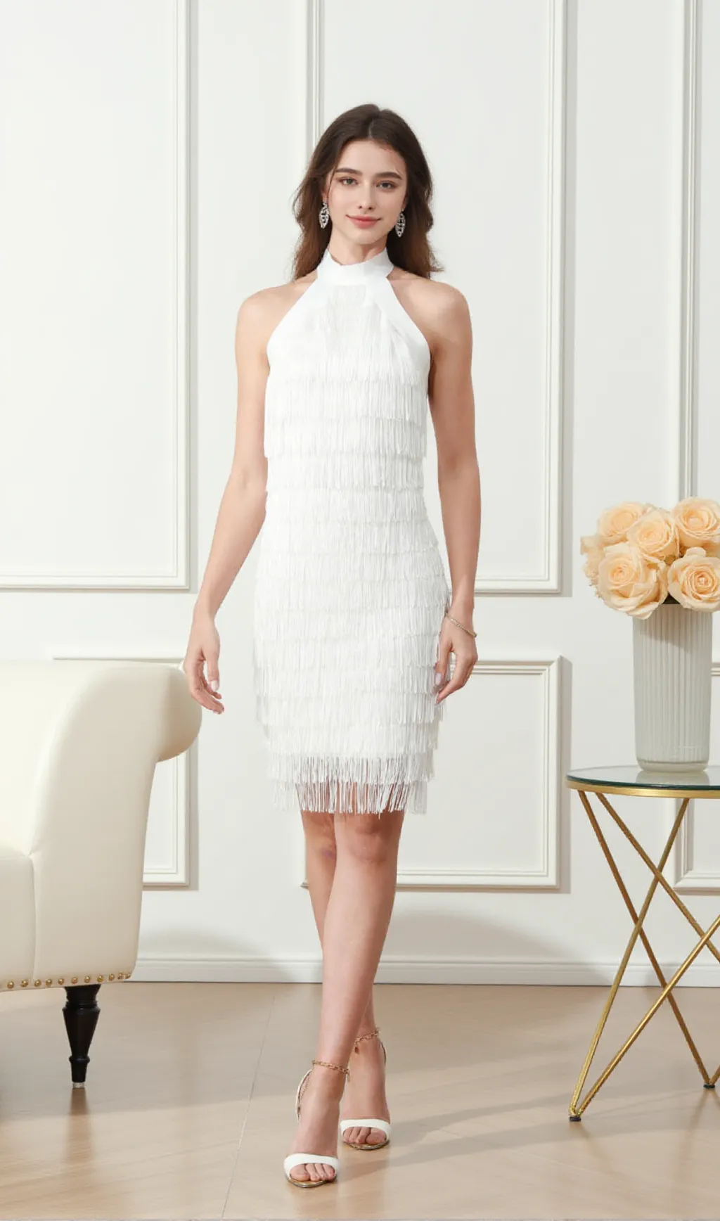 vanessa Halter Sleeveless Tassel Bandage Mini Dress in white