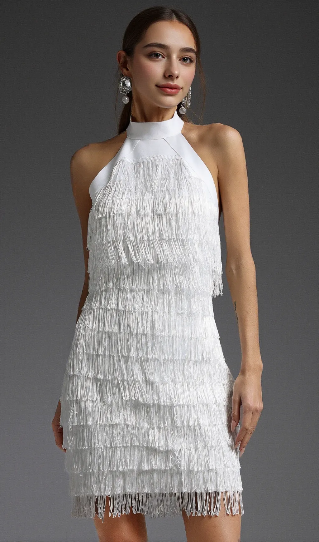 vanessa Halter Sleeveless Tassel Bandage Mini Dress in white