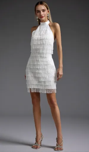 vanessa Halter Sleeveless Tassel Bandage Mini Dress in white