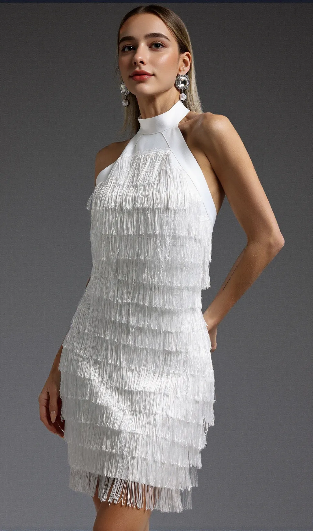 vanessa Halter Sleeveless Tassel Bandage Mini Dress in white