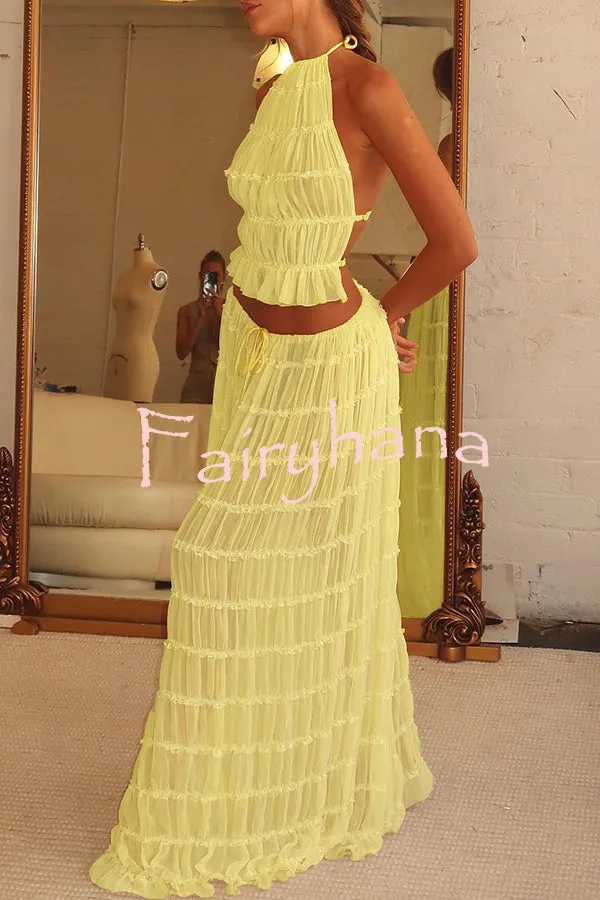 Versatility and Vintage Charm Pleated Drawstring Waist Tiered Maxi Skirt