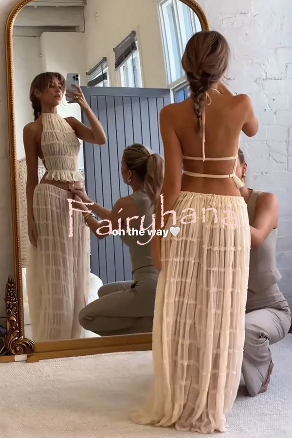 Versatility and Vintage Charm Pleated Drawstring Waist Tiered Maxi Skirt