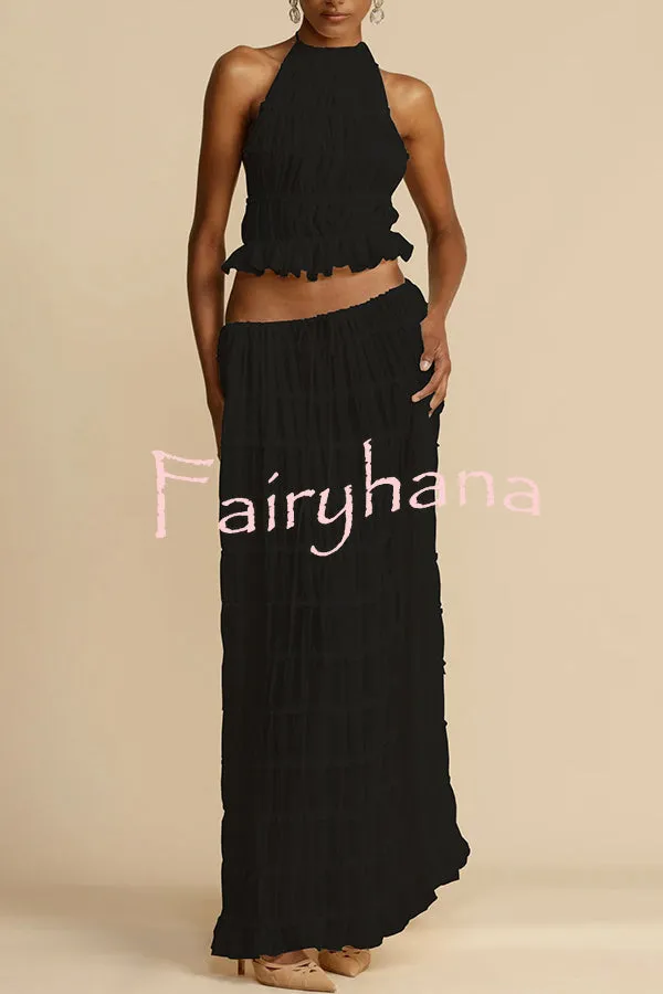 Versatility and Vintage Charm Pleated Drawstring Waist Tiered Maxi Skirt