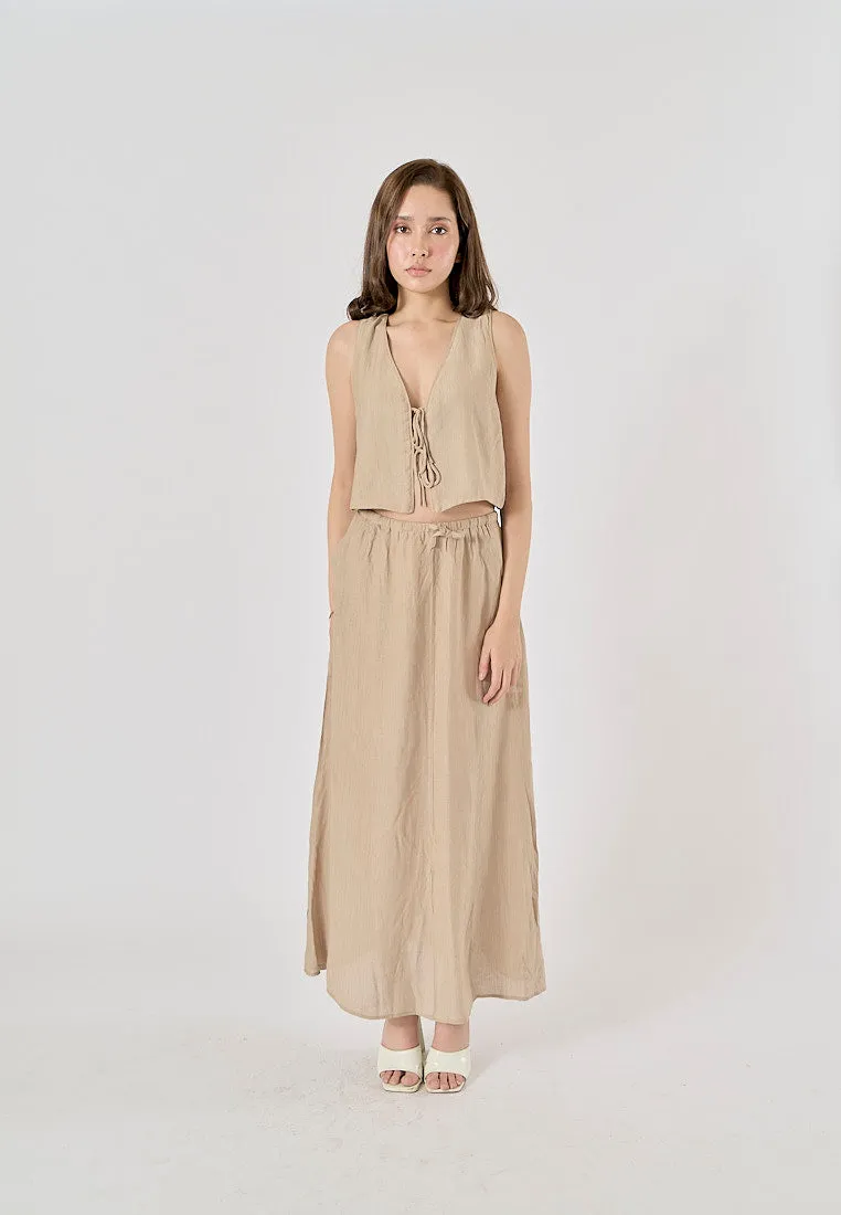 Vetiver Beige Drawstring Waist Midi Skirt