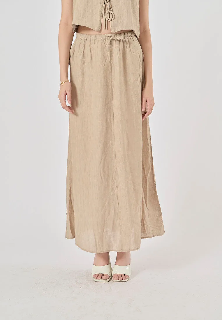 Vetiver Beige Drawstring Waist Midi Skirt