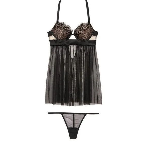 Victoria's Secret Valentines Lingerie Babydoll black slip lace 34C