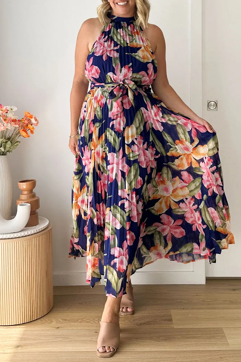 Vintage Elegant Floral Frenulum Halter Printed Dresses
