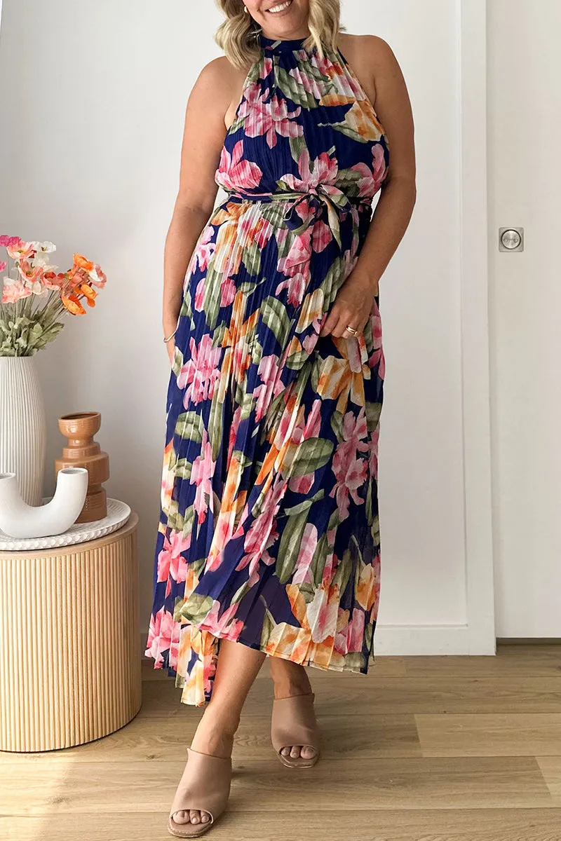 Vintage Elegant Floral Frenulum Halter Printed Dresses