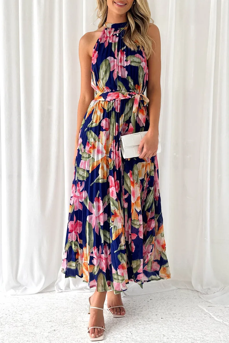 Vintage Elegant Floral Frenulum Halter Printed Dresses
