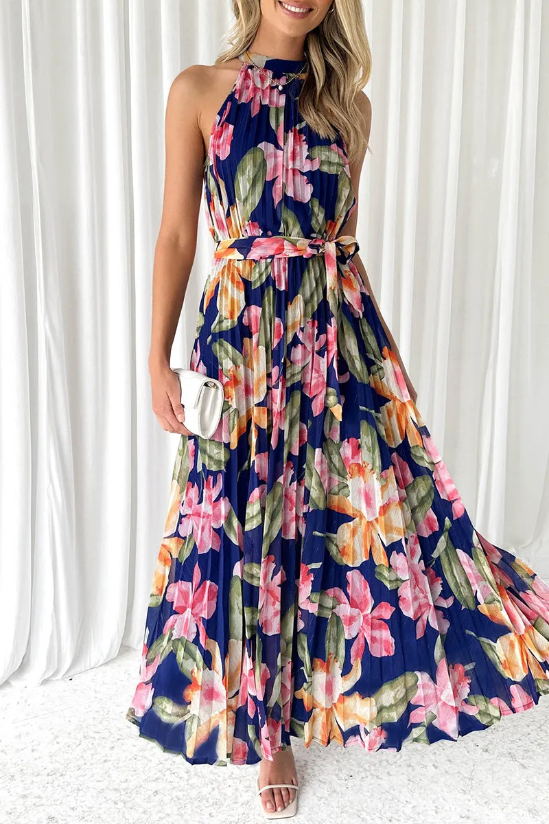Vintage Elegant Floral Frenulum Halter Printed Dresses