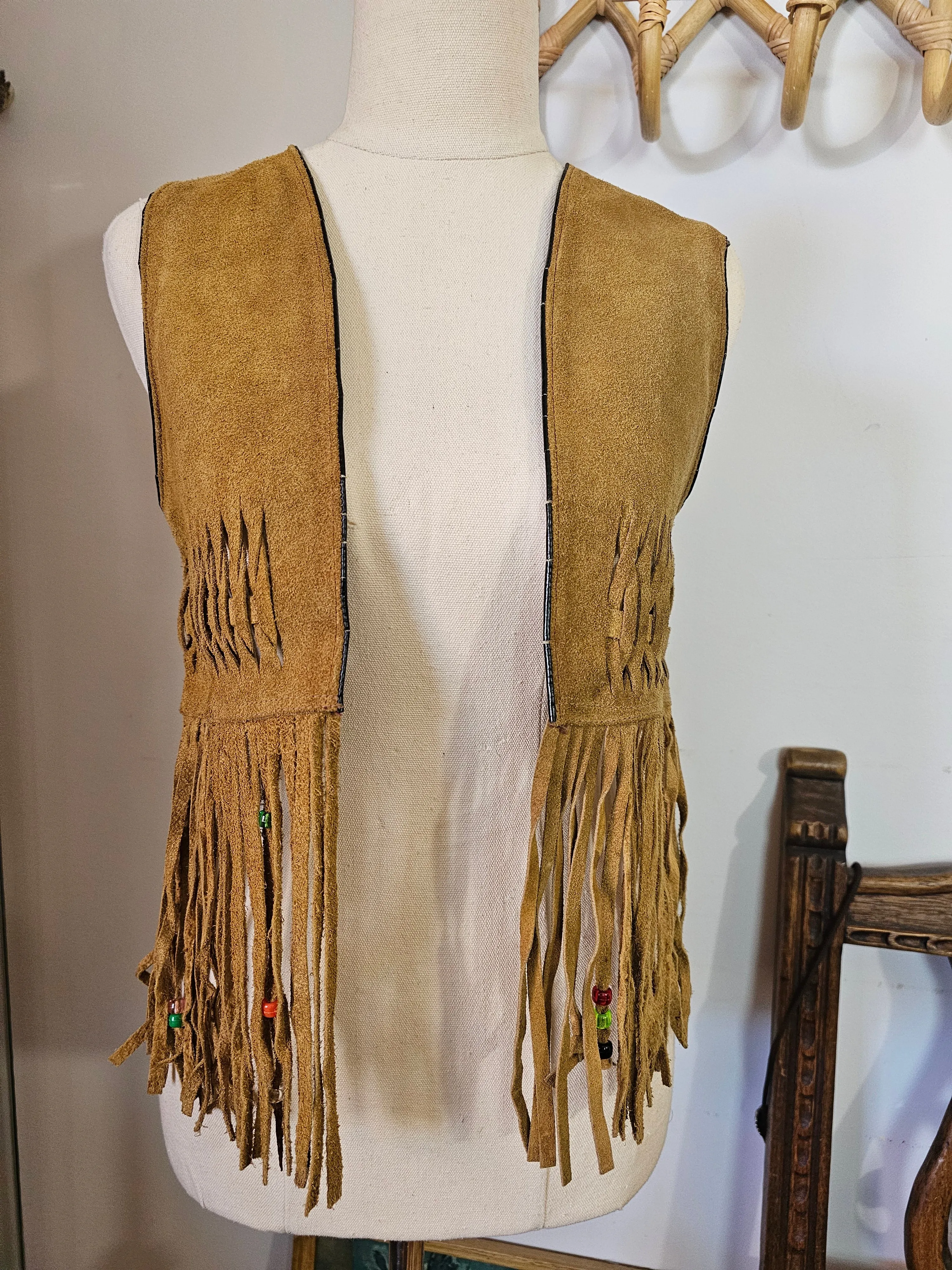 Vintage Genuine Suede Fringe Vest – Handwoven & Beaded | Size S