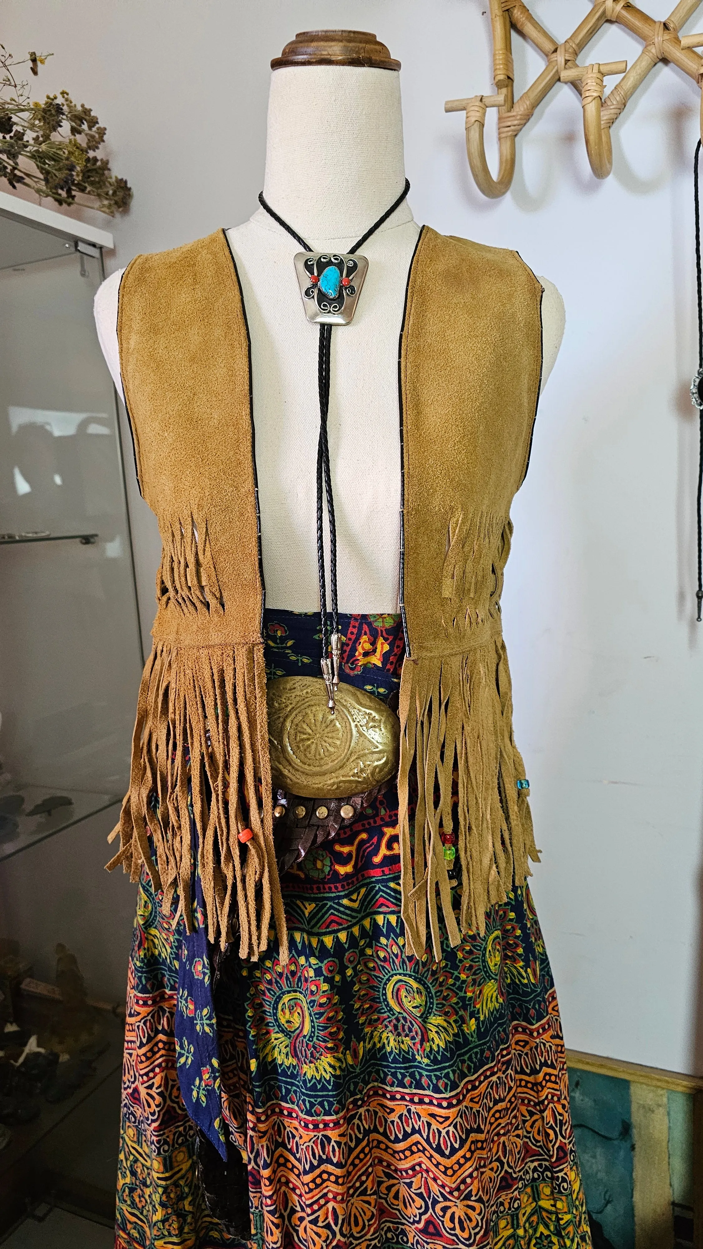 Vintage Genuine Suede Fringe Vest – Handwoven & Beaded | Size S