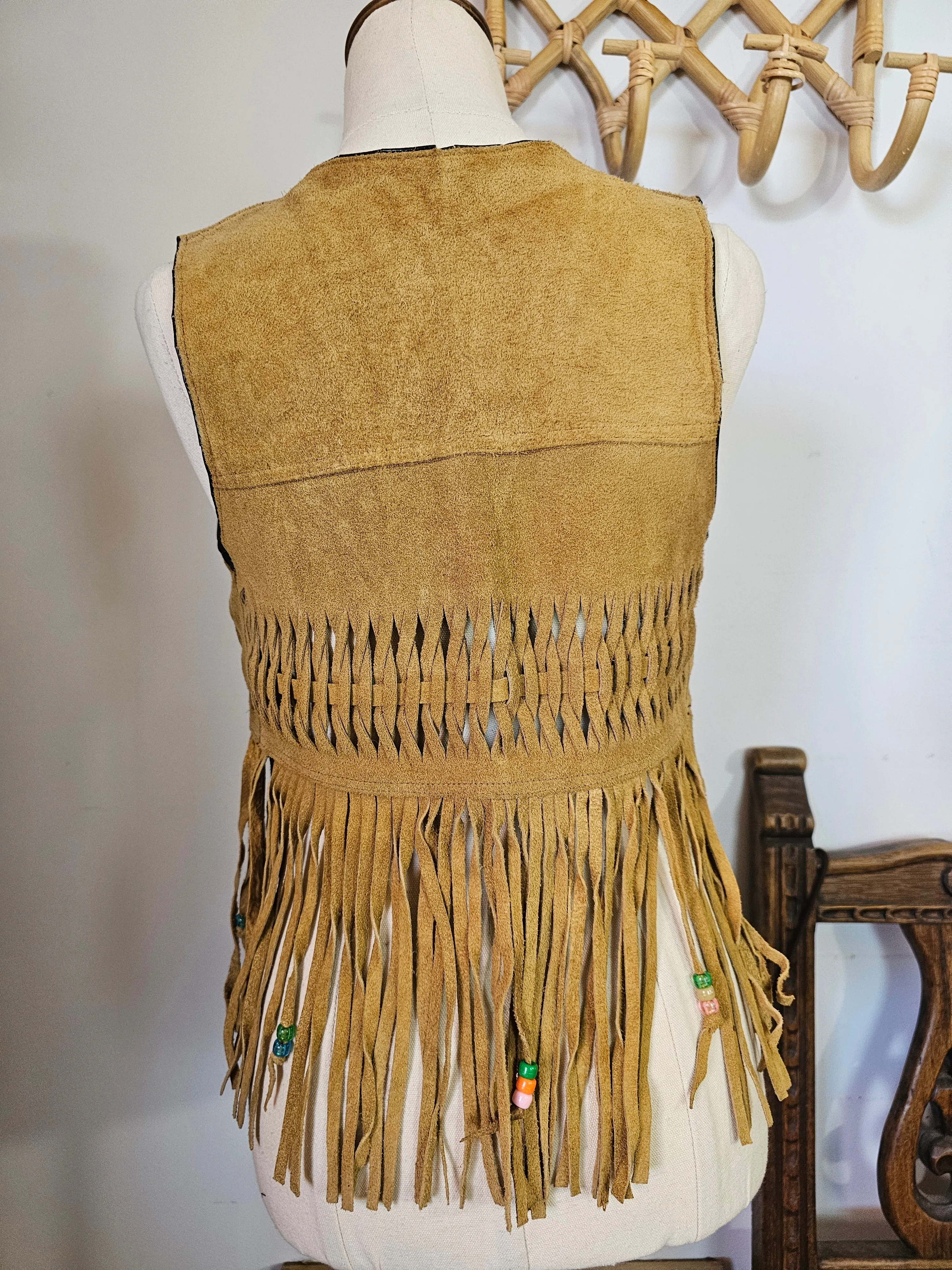 Vintage Genuine Suede Fringe Vest – Handwoven & Beaded | Size S
