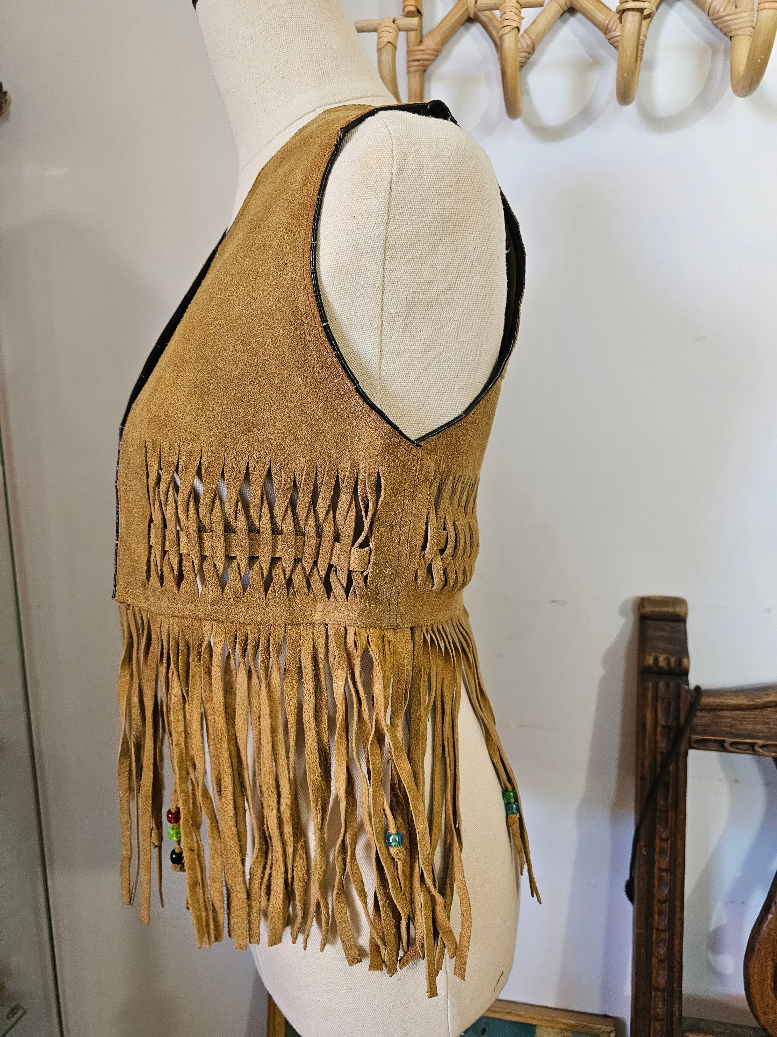Vintage Genuine Suede Fringe Vest – Handwoven & Beaded | Size S