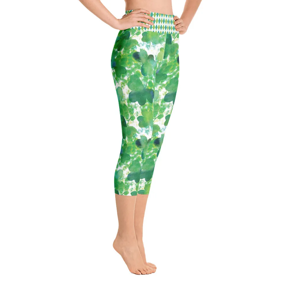 Watercolor Shamrock and Plaid - Yoga Capri Leggings