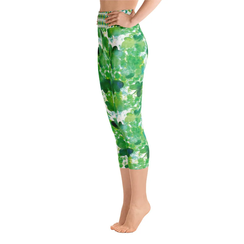 Watercolor Shamrock and Plaid - Yoga Capri Leggings