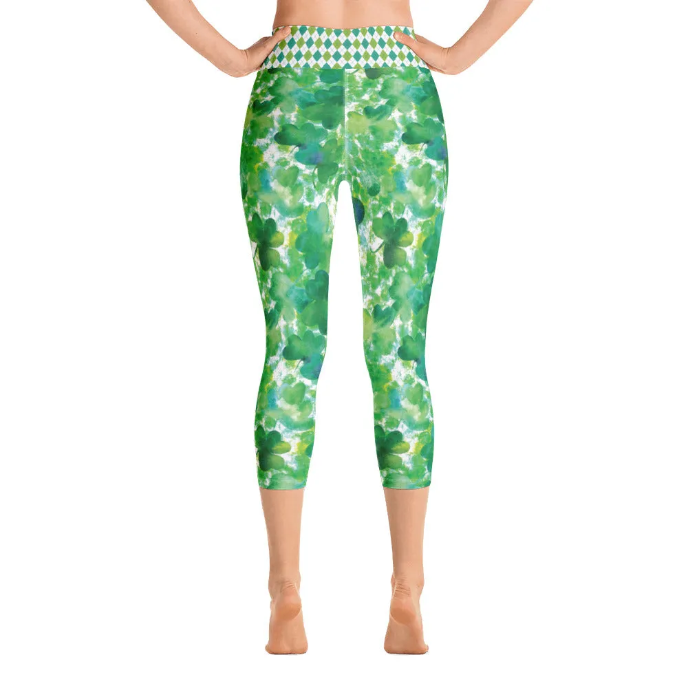 Watercolor Shamrock and Plaid - Yoga Capri Leggings
