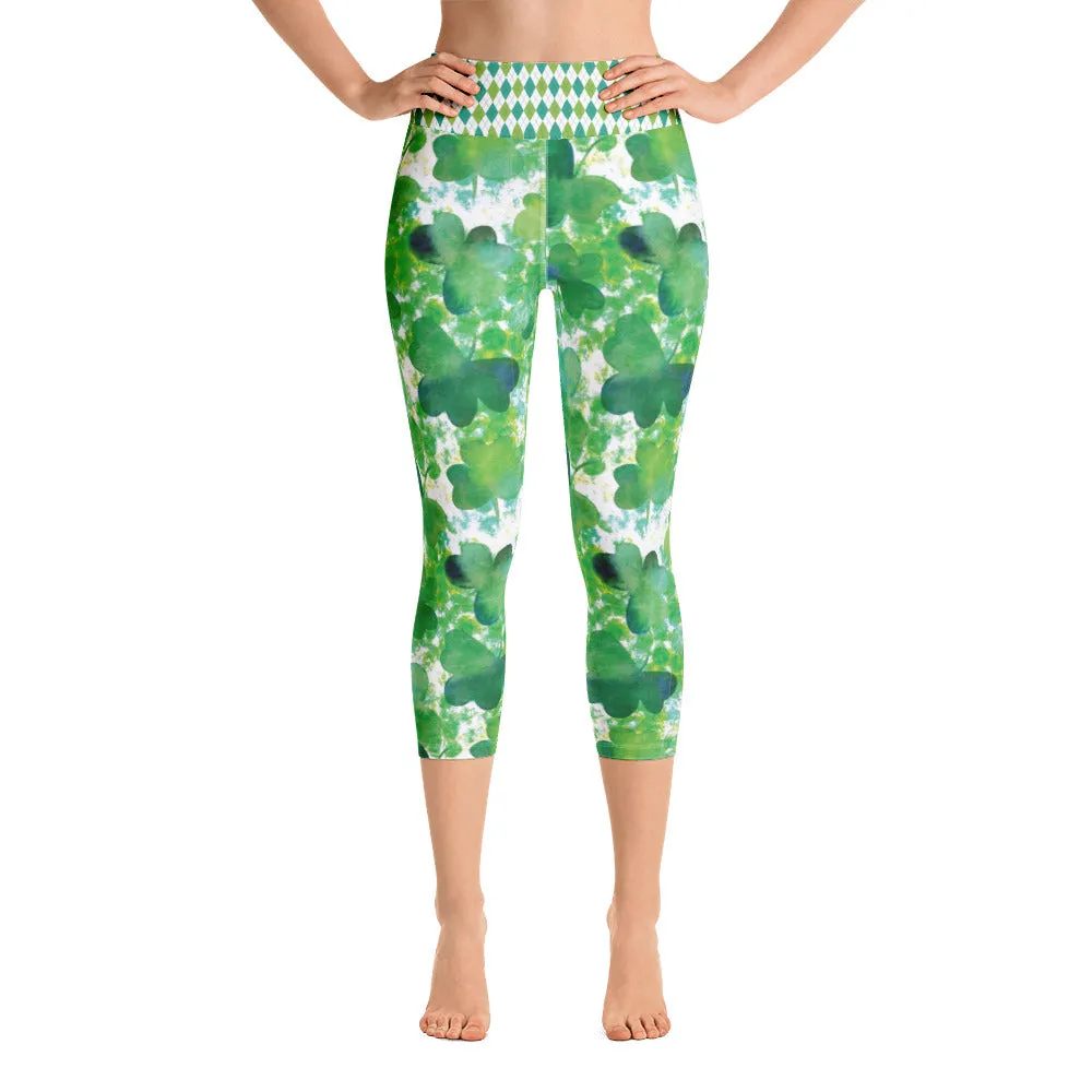 Watercolor Shamrock and Plaid - Yoga Capri Leggings