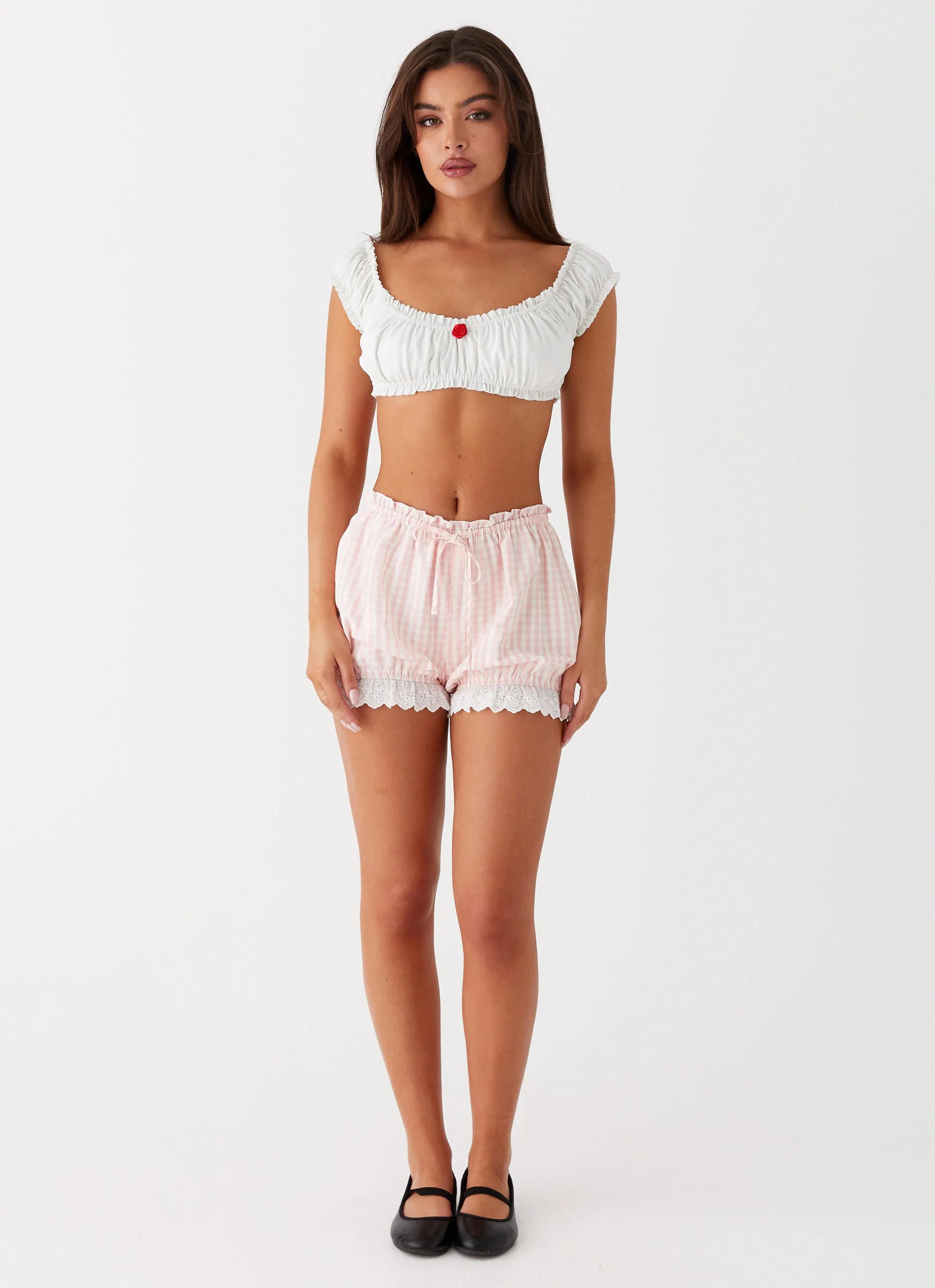 Weston Lace Trim Shorts - Pink Gingham