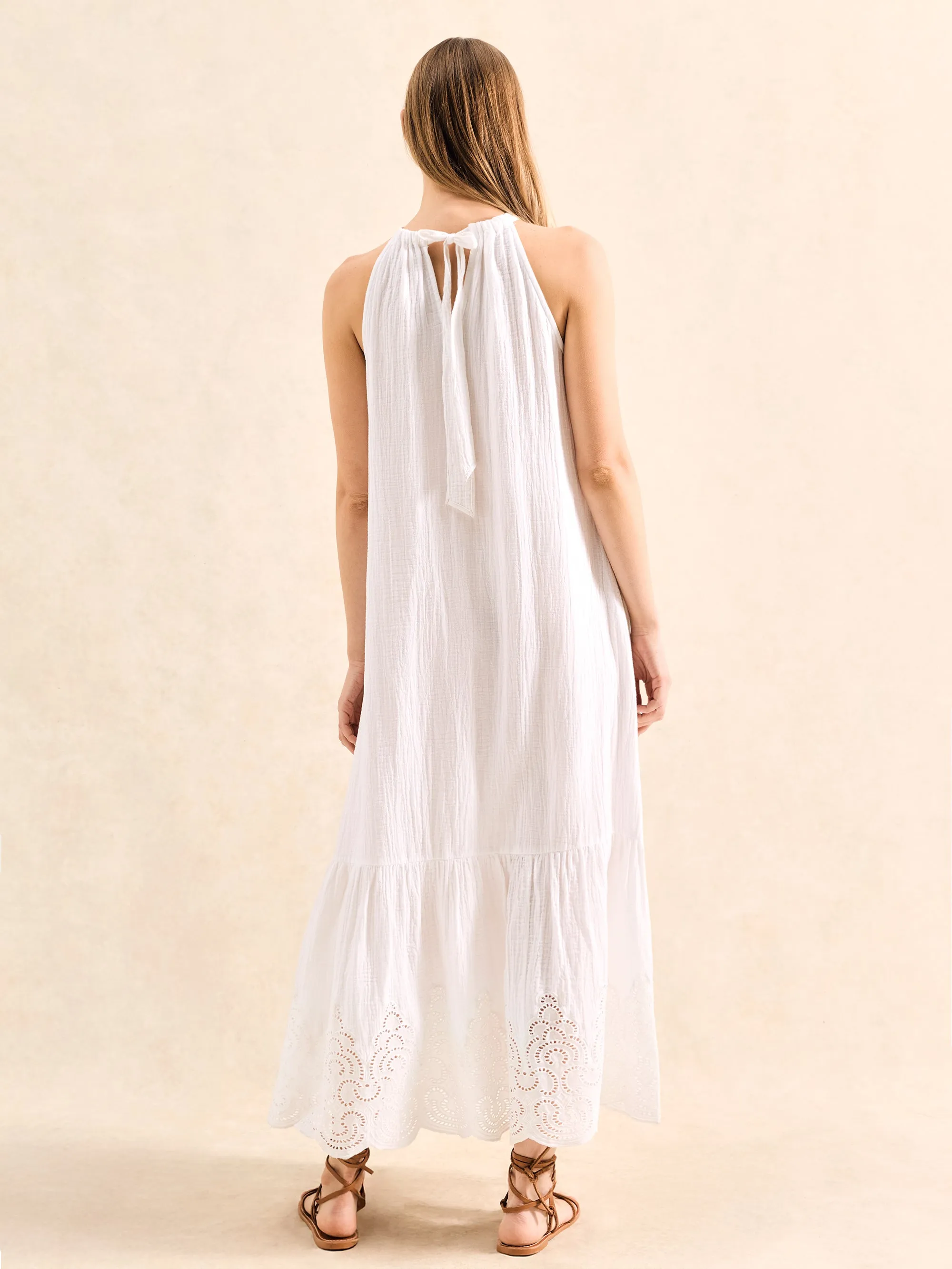 White Broderie Hem Cheesecloth Maxi Dress