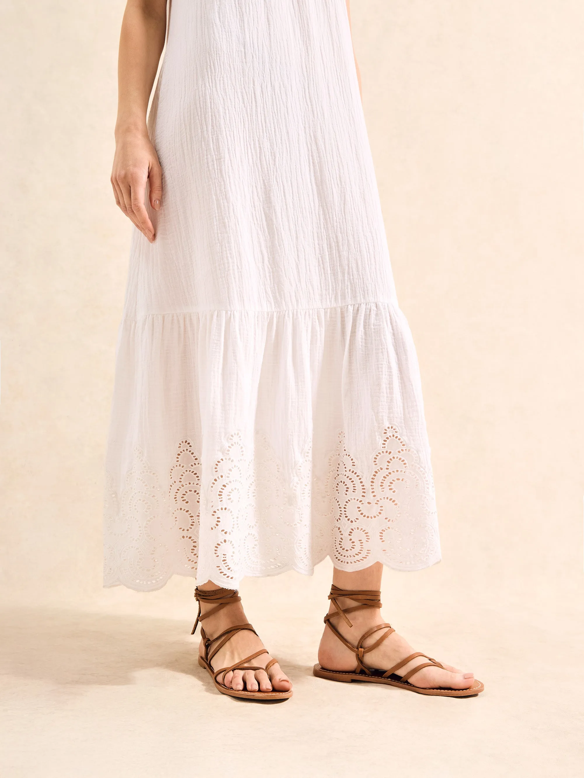 White Broderie Hem Cheesecloth Maxi Dress