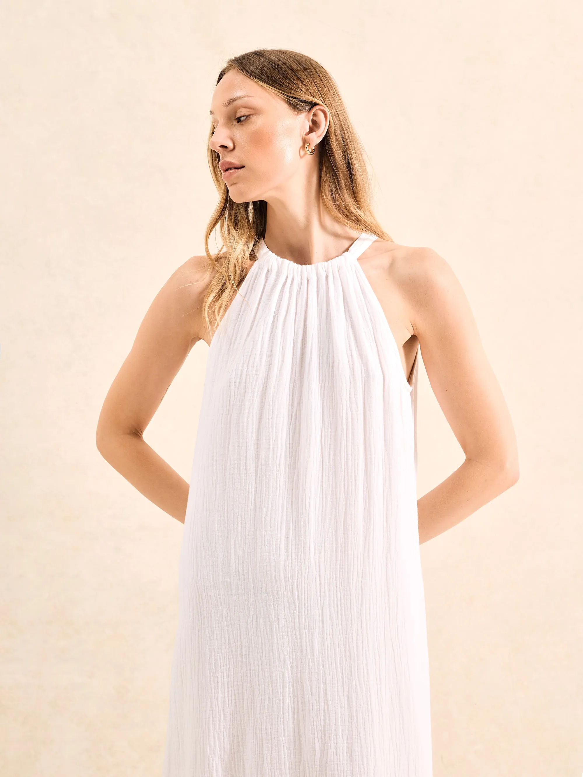 White Broderie Hem Cheesecloth Maxi Dress