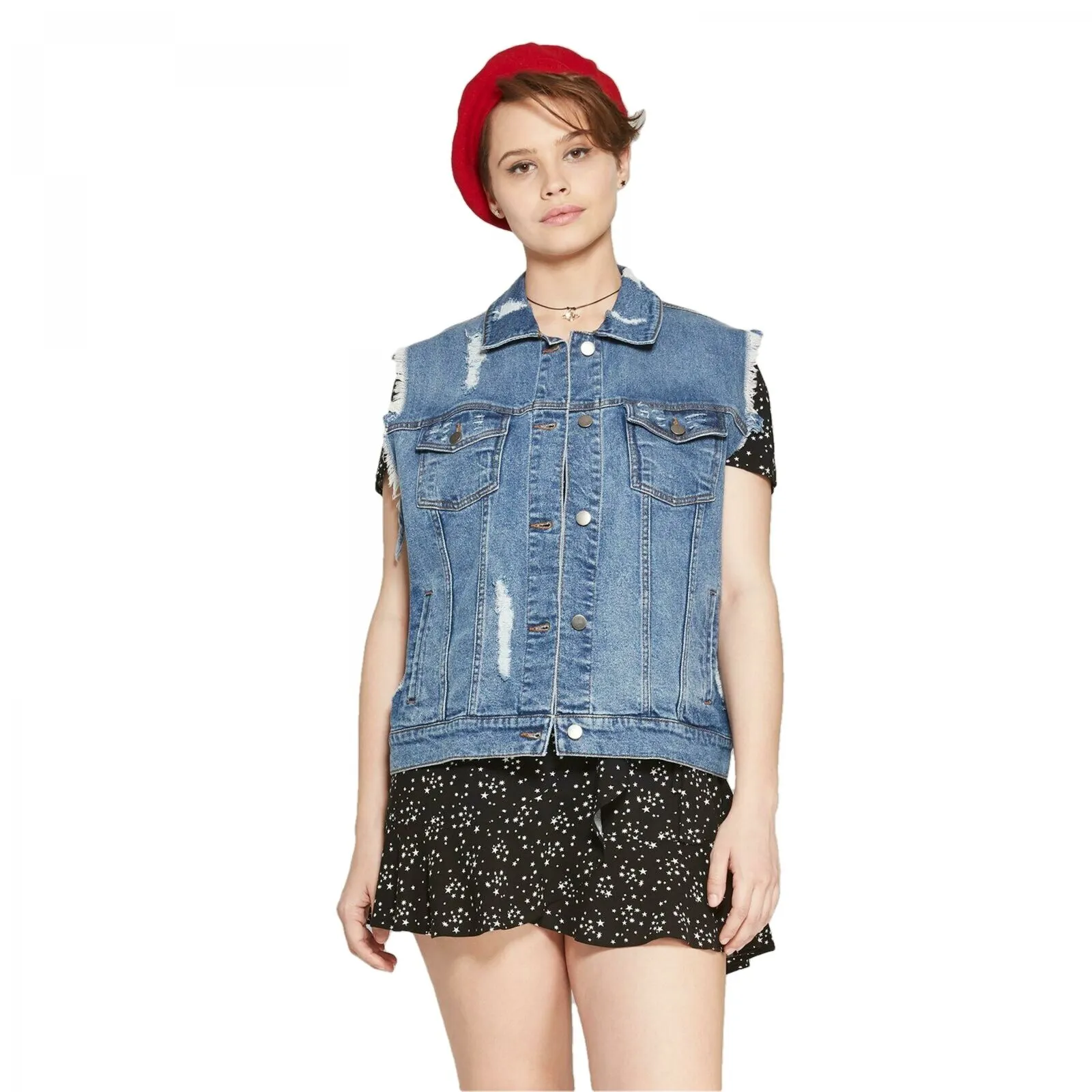 Wild Fable Women's Medium Wash Destructed Denim Vest
