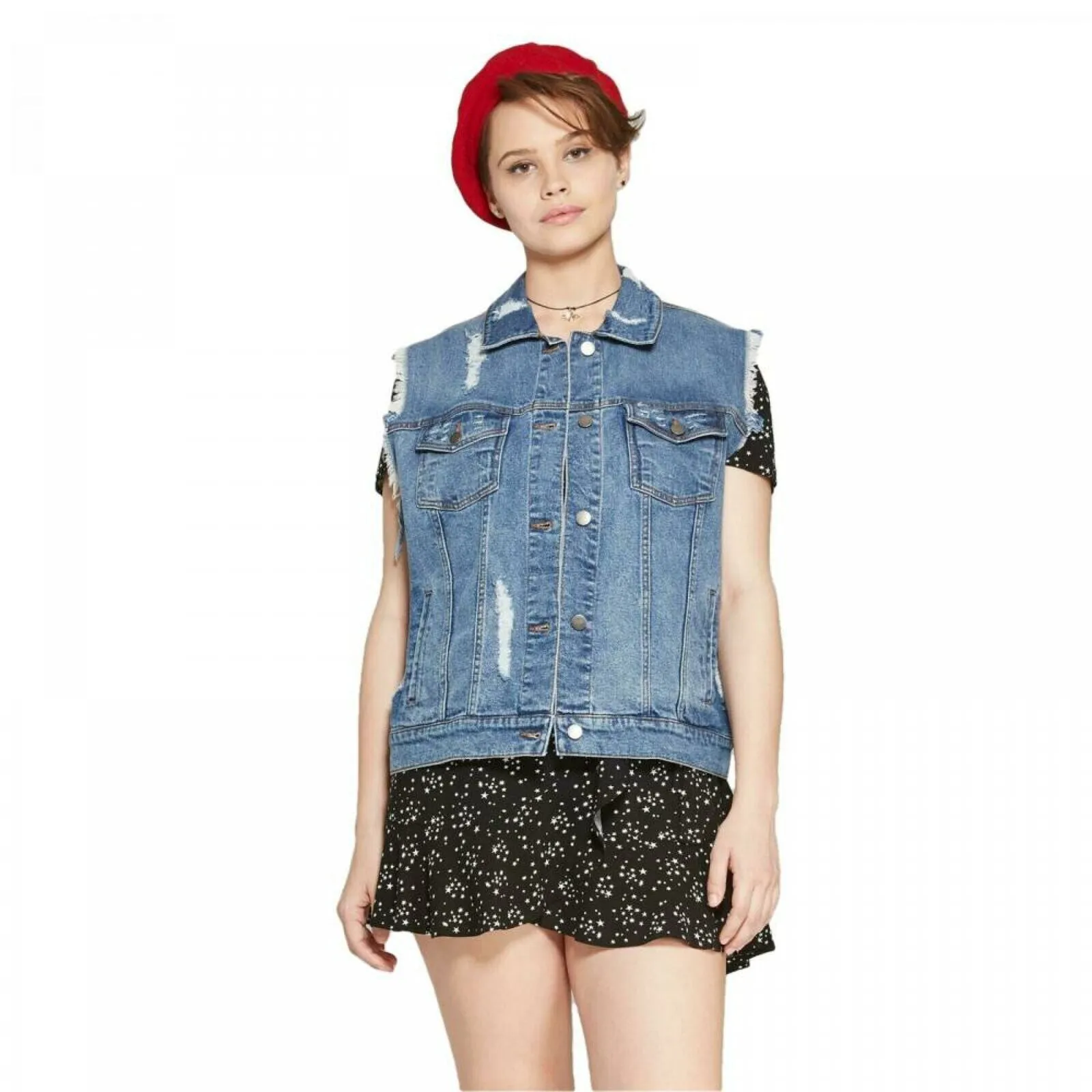 Wild Fable Women's Medium Wash Destructed Denim Vest