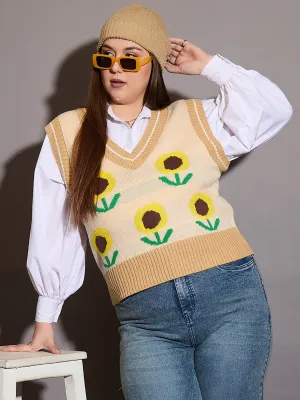 Women Beige Floral V-Neck Sweater Vest