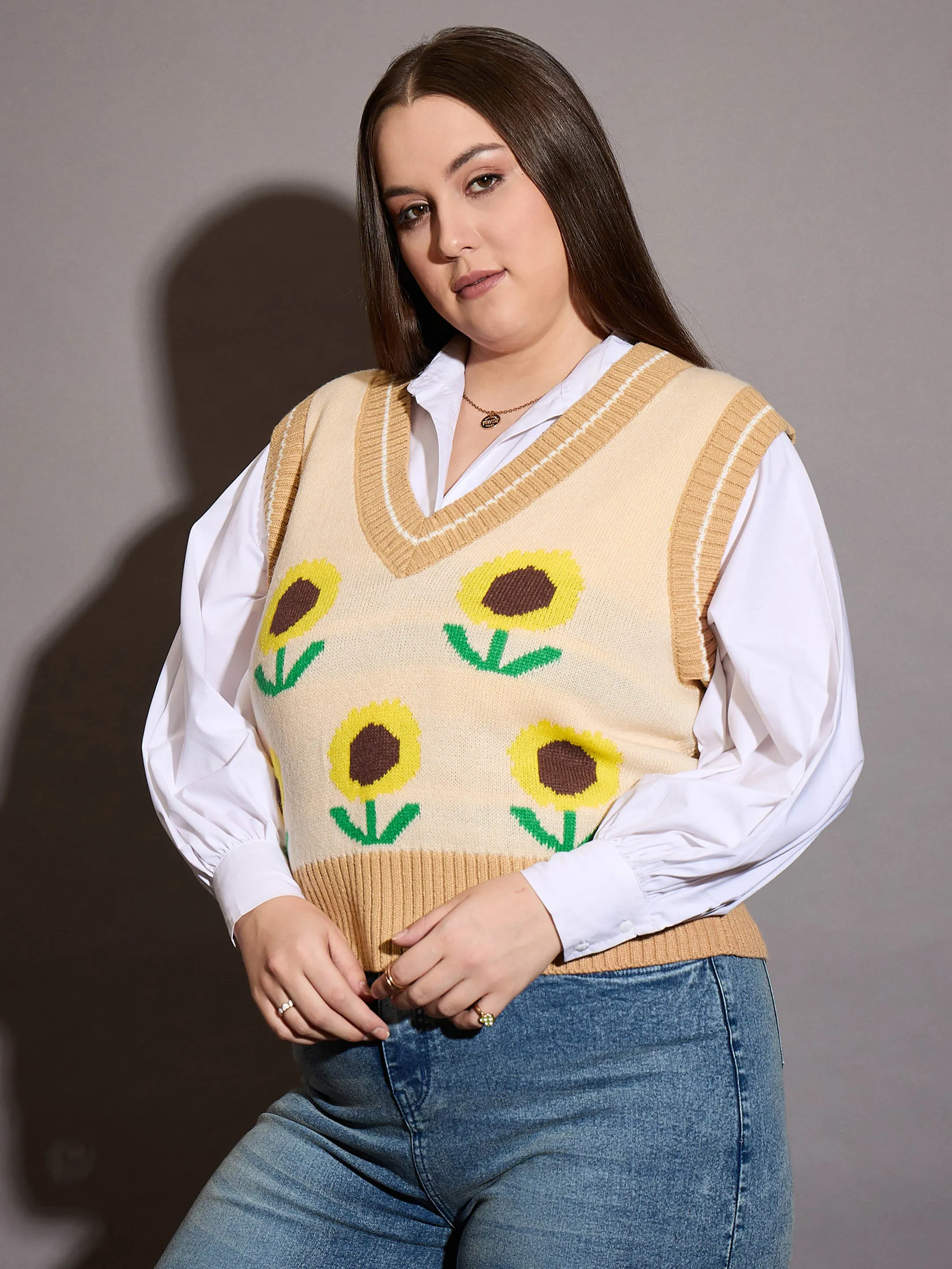 Women Beige Floral V-Neck Sweater Vest