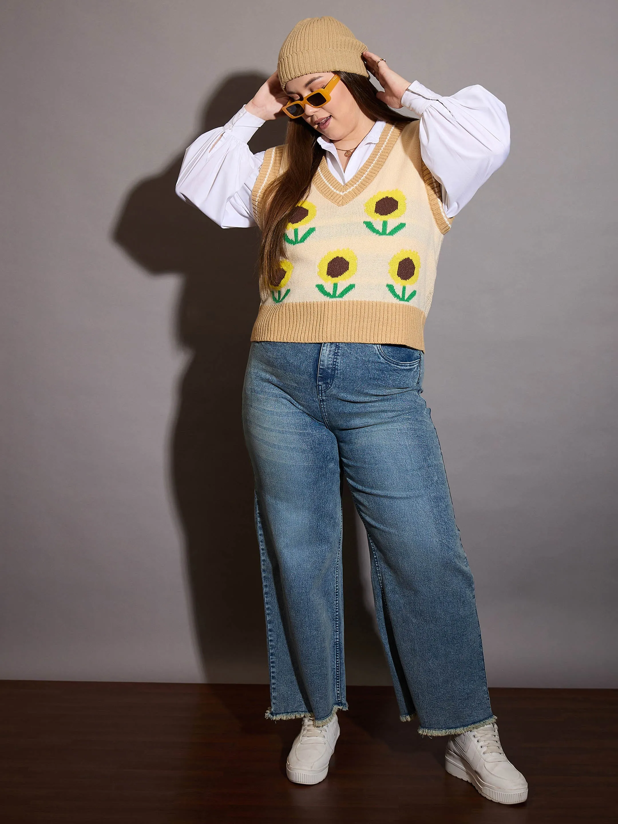 Women Beige Floral V-Neck Sweater Vest