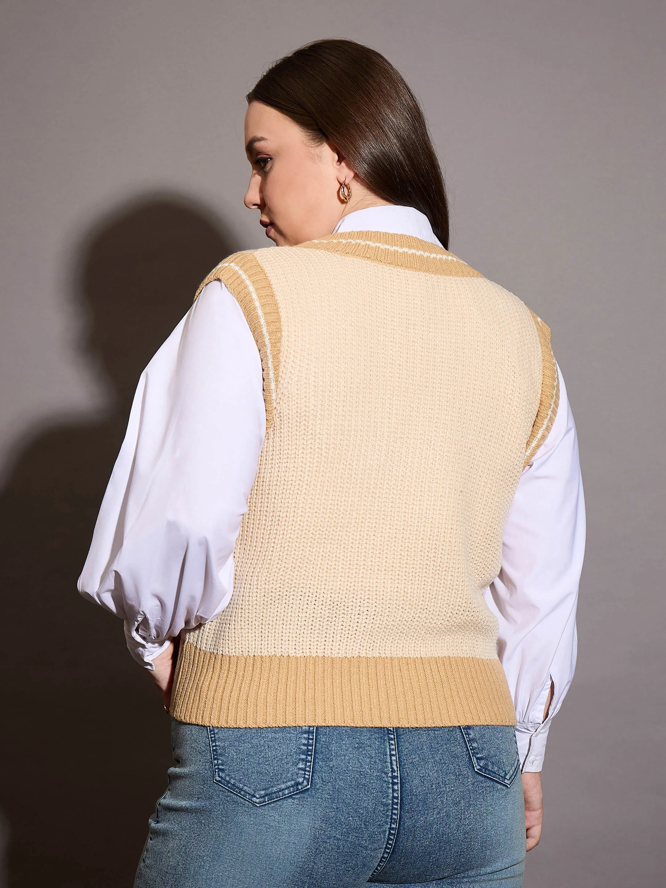 Women Beige Floral V-Neck Sweater Vest