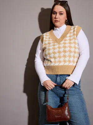 Women Brown Houndstooth V-Neck Sweater Vest