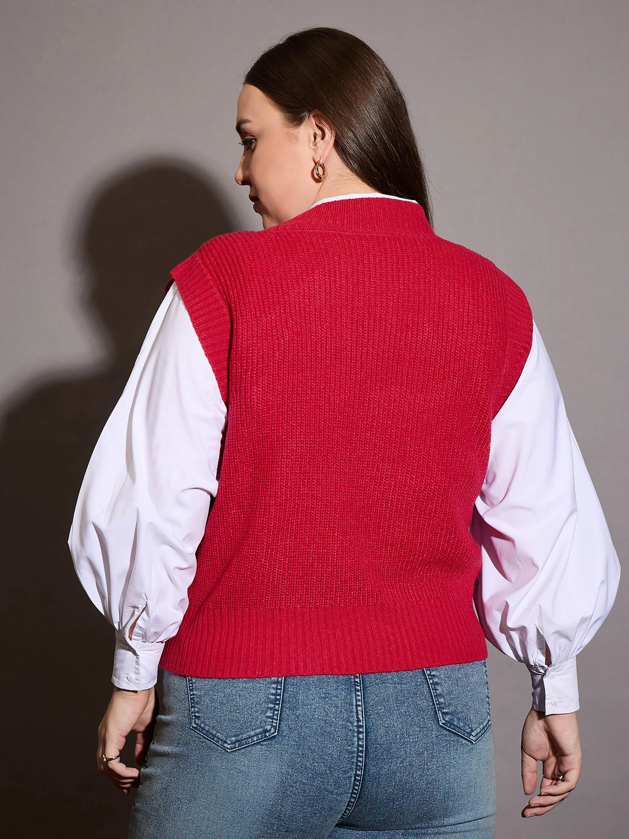Women Red Houndstooth V-Neck Sweater Vest