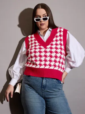Women Red Houndstooth V-Neck Sweater Vest