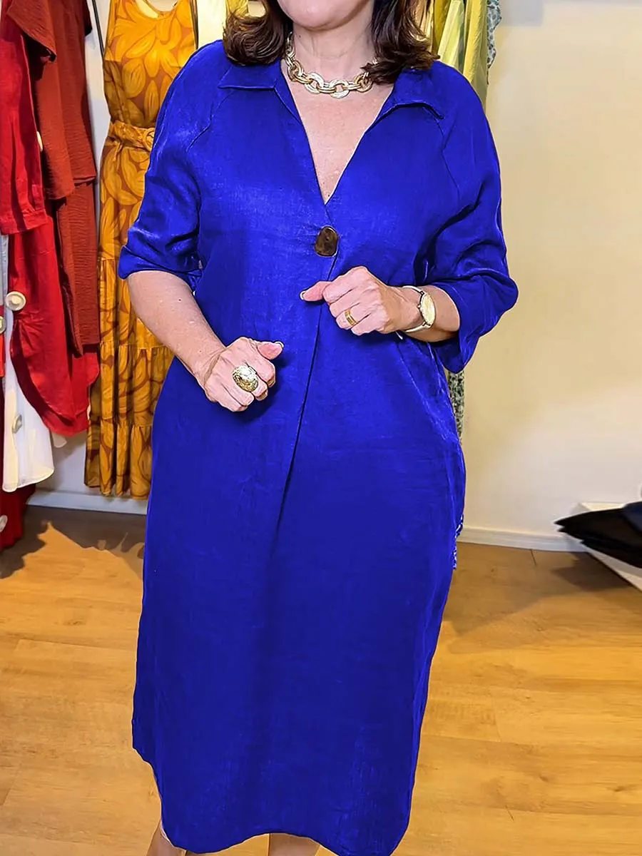 Women Shirt Collar Solid Pocket Cotton Dress