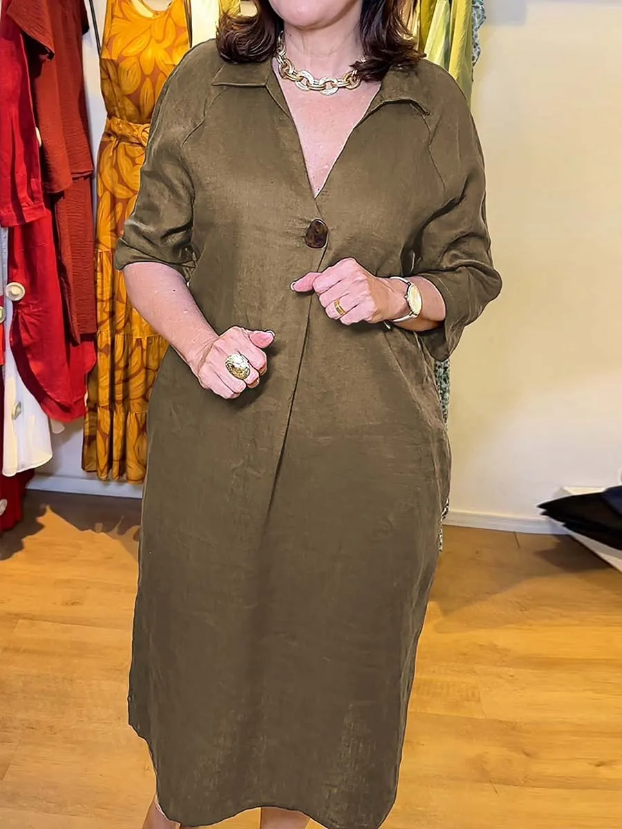 Women Shirt Collar Solid Pocket Cotton Dress