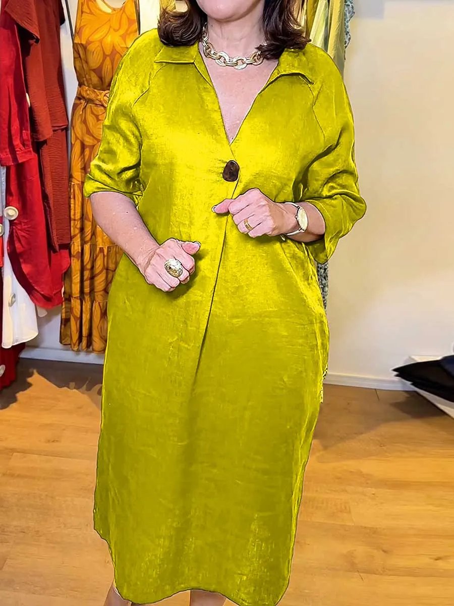 Women Shirt Collar Solid Pocket Cotton Dress