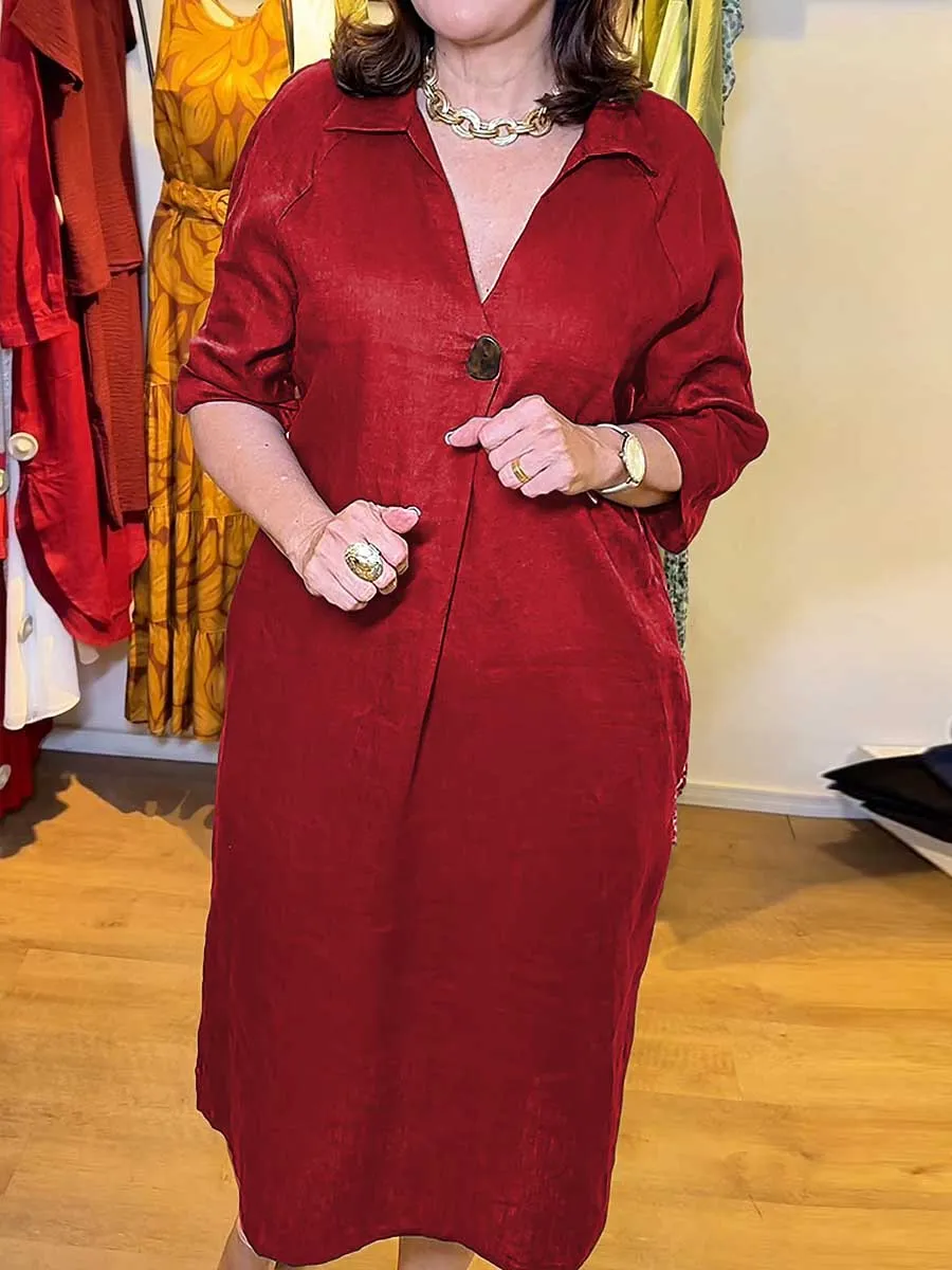Women Shirt Collar Solid Pocket Cotton Dress