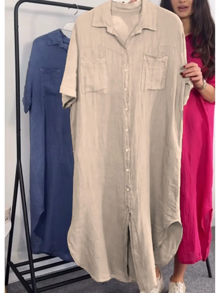 Women's Casual Pocket Cotton and Linen Shirt Dress