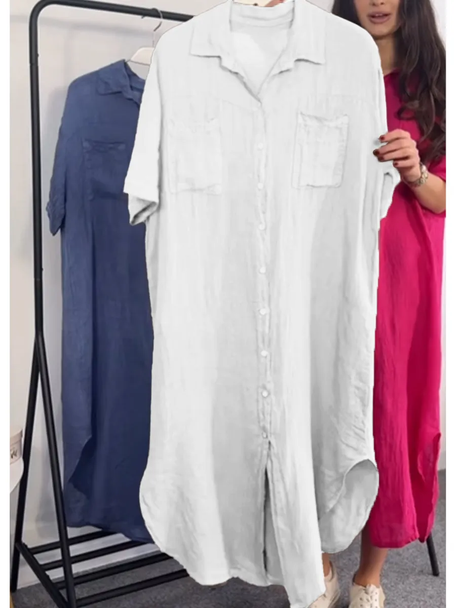 Women's Casual Pocket Cotton and Linen Shirt Dress