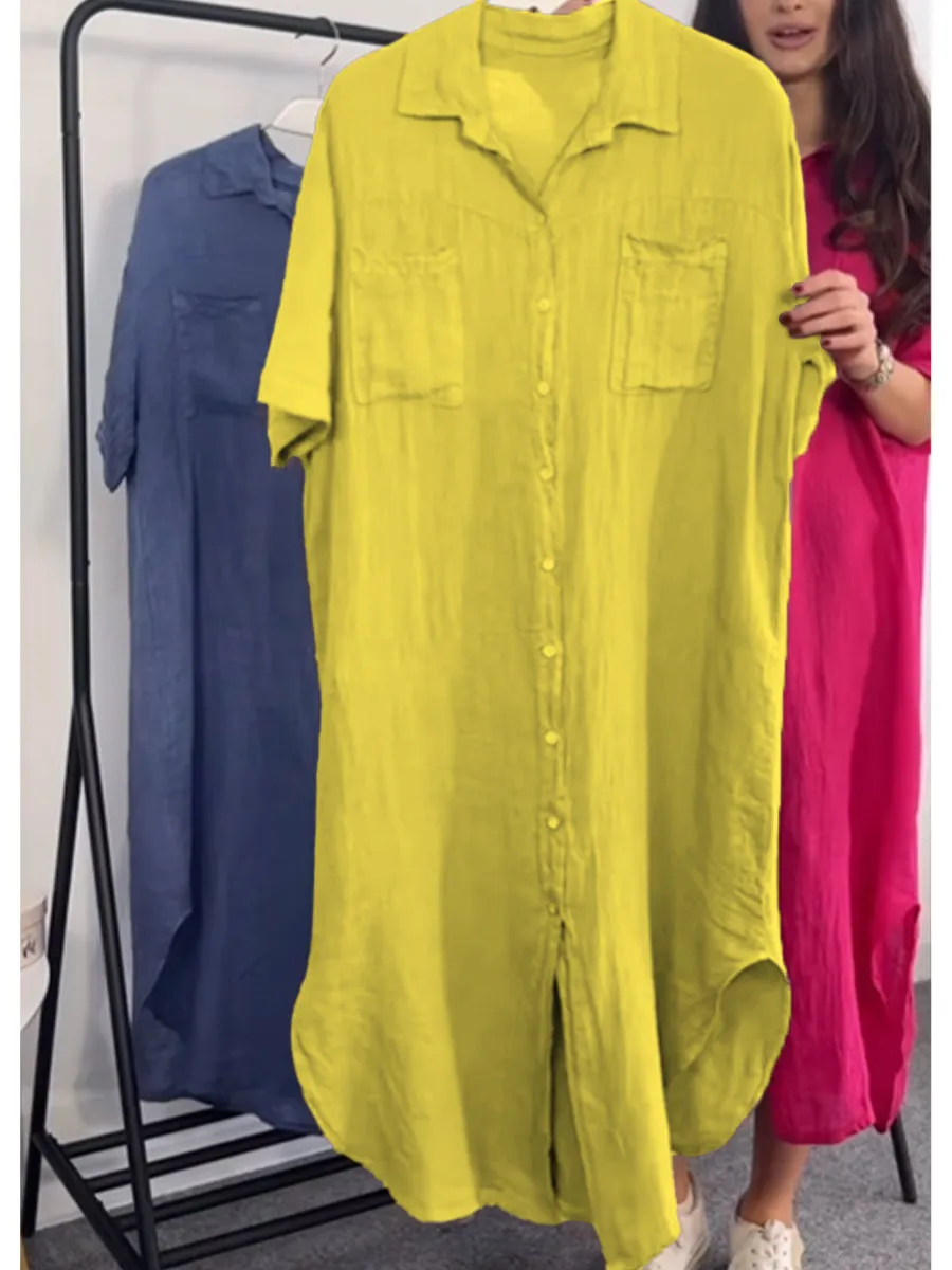 Women's Casual Pocket Cotton and Linen Shirt Dress